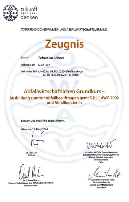 Zeugnis Abfallwirtschaftlichen Grundkurs